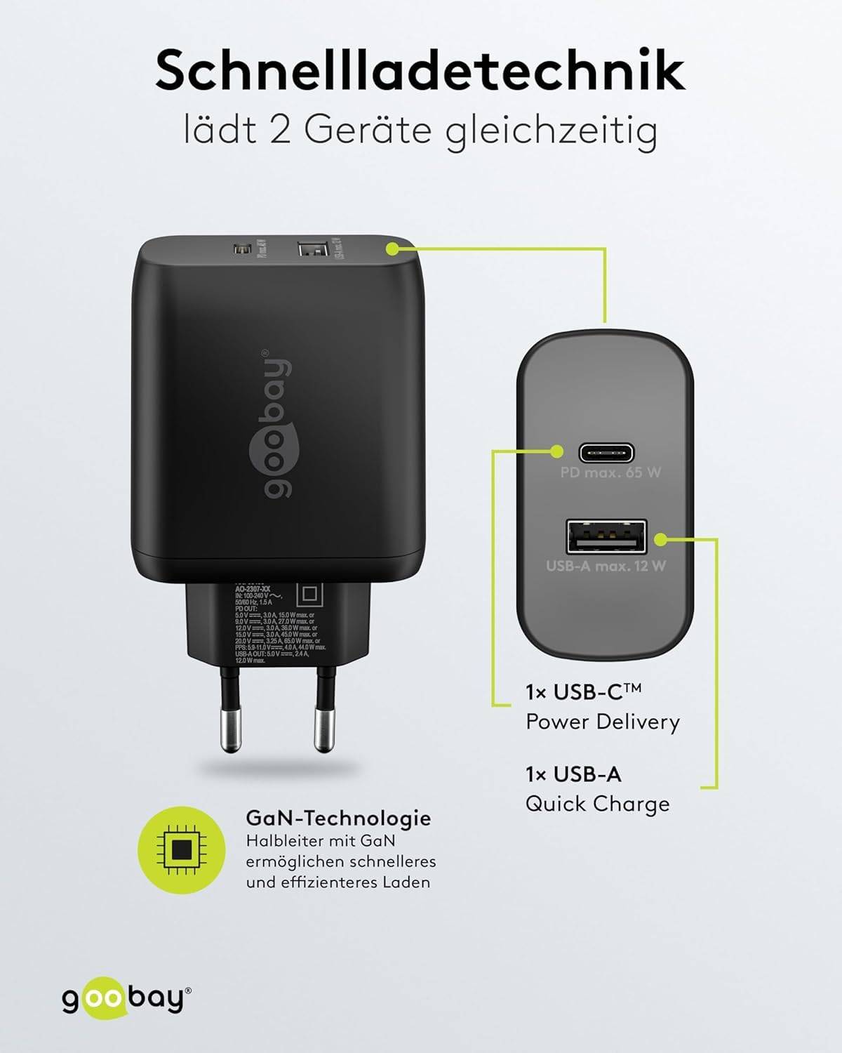 Goobay USB-C™ PD double chargeur rapide (65 W) noir - 1x port USB-C™ (Power Delivery) et 1x port USB-A - noir-3
