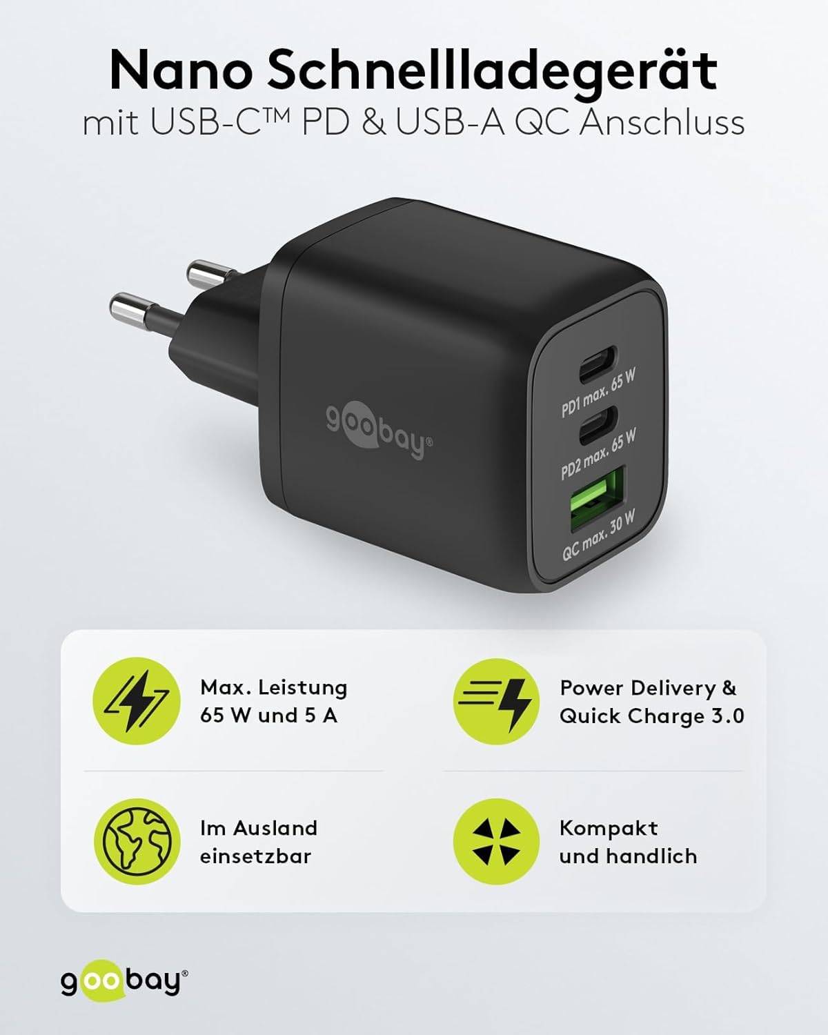 Goobay USB-C™ PD Multiport-Schnellladegerät Nano (65 W) schwarz - 2x USB-C™-Anschlüsse (Power Delivery) und 1x...-2