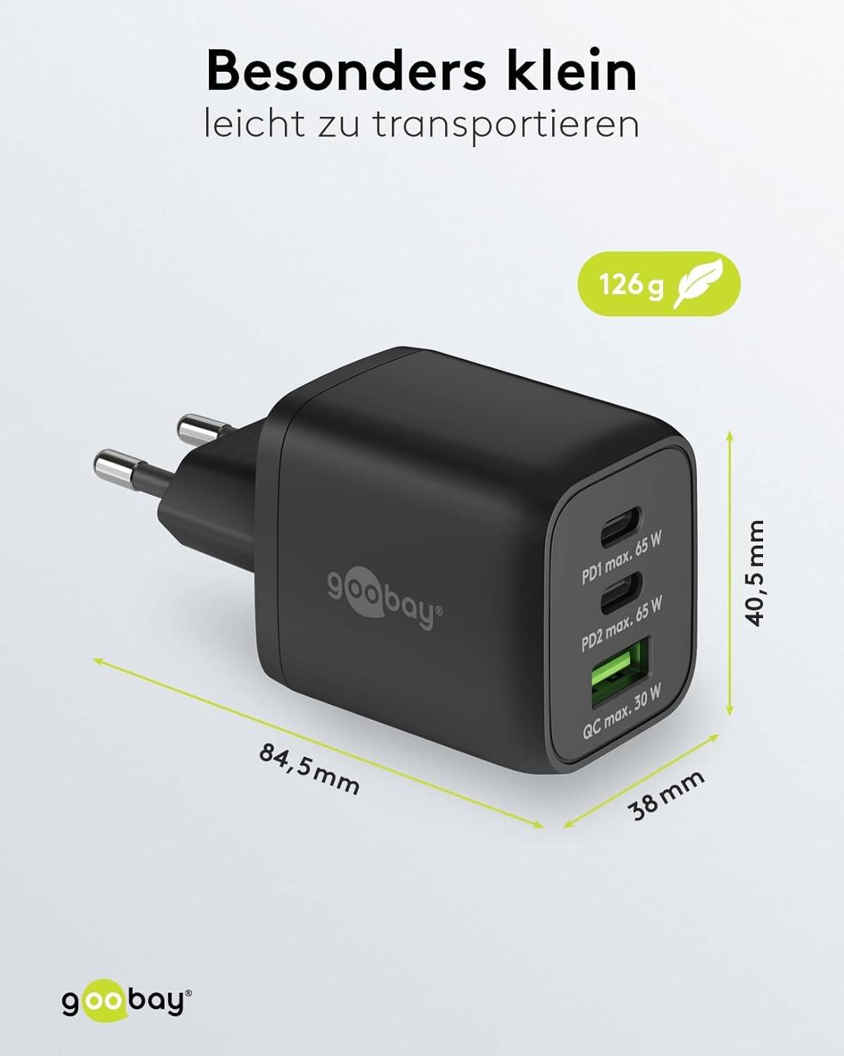 Goobay USB-C™ PD Multiport-Schnellladegerät Nano (65 W) schwarz - 2x USB-C™-Anschlüsse (Power Delivery) und 1x...-3