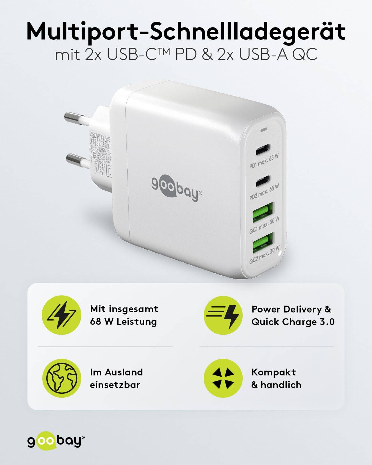 Goobay USB-C™ PD Multiport-Schnellladegerät (68 W) weiß - 2x USB-C™-Anschlüsse (Power Delivery) und 2x...-1