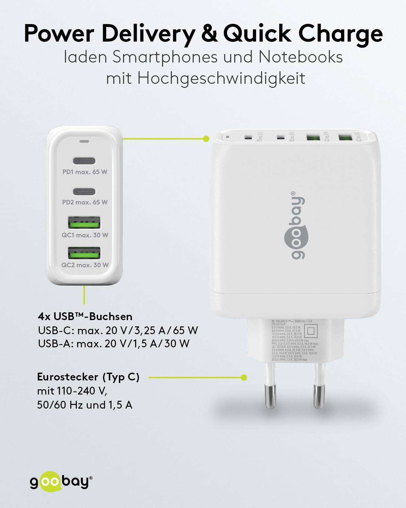 Goobay USB-C™ PD Multiport-Schnellladegerät (68 W) weiß - 2x USB-C™-Anschlüsse (Power Delivery) und 2x...-3