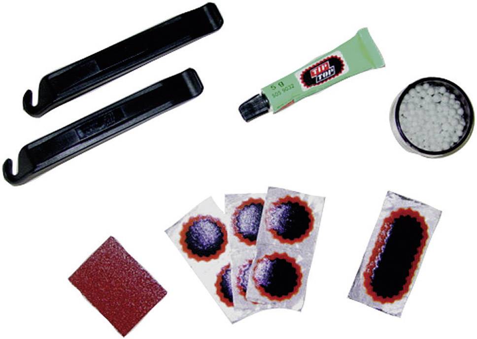 Kit de réparation pour pneus de vélo comprenant deux démonte-pneus, une colle, du papier de verre, plusieurs rustines et un boîtier de craie.