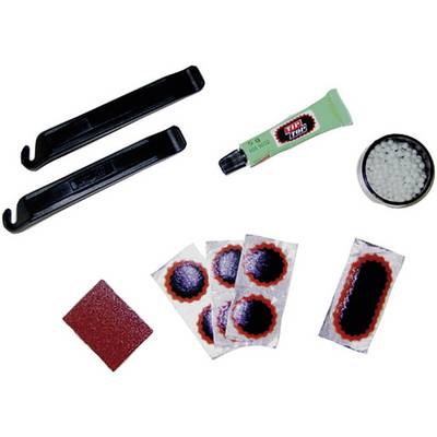 Kit de réparation pour pneus de vélo comprenant deux démonte-pneus, une colle, du papier de verre, plusieurs rustines et un boîtier de craie.