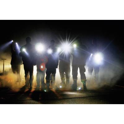 Plusieurs personnes marchent dans l'obscurité avec des lampes de poche projetant des faisceaux lumineux. Le brouillard renforce l'effet atmosphérique.