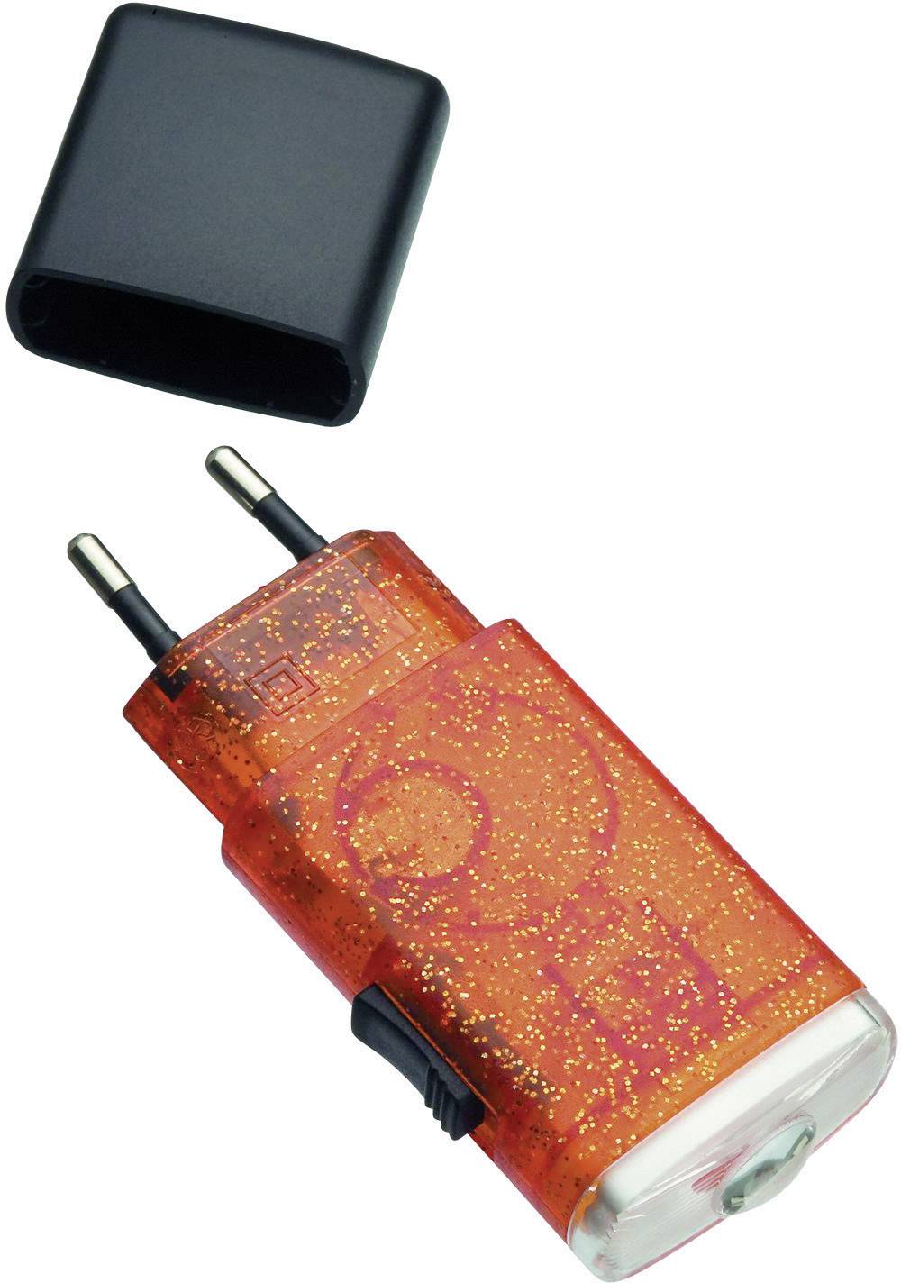 Adaptateur de voyage rouge, transparent, avec fiche européenne et embout de protection noir amovible, adapté à différents types de prises électriques.