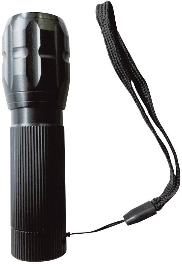 Lampe de poche noire avec poignée texturée et dragonne.