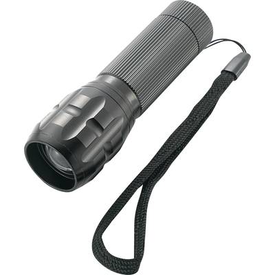 Lampe de poche noire avec poignée texturée et dragonne, sur fond blanc.
