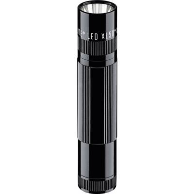 Une lampe de poche noire, positionnée verticalement, avec une texture striée pour une meilleure prise en main.