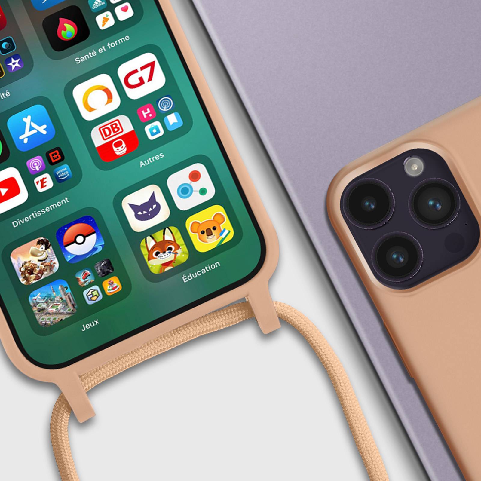 Coque Cordon pour iPhone 14 Pro Semi-rigide avec Lanière Tour du Cou 80cm-4