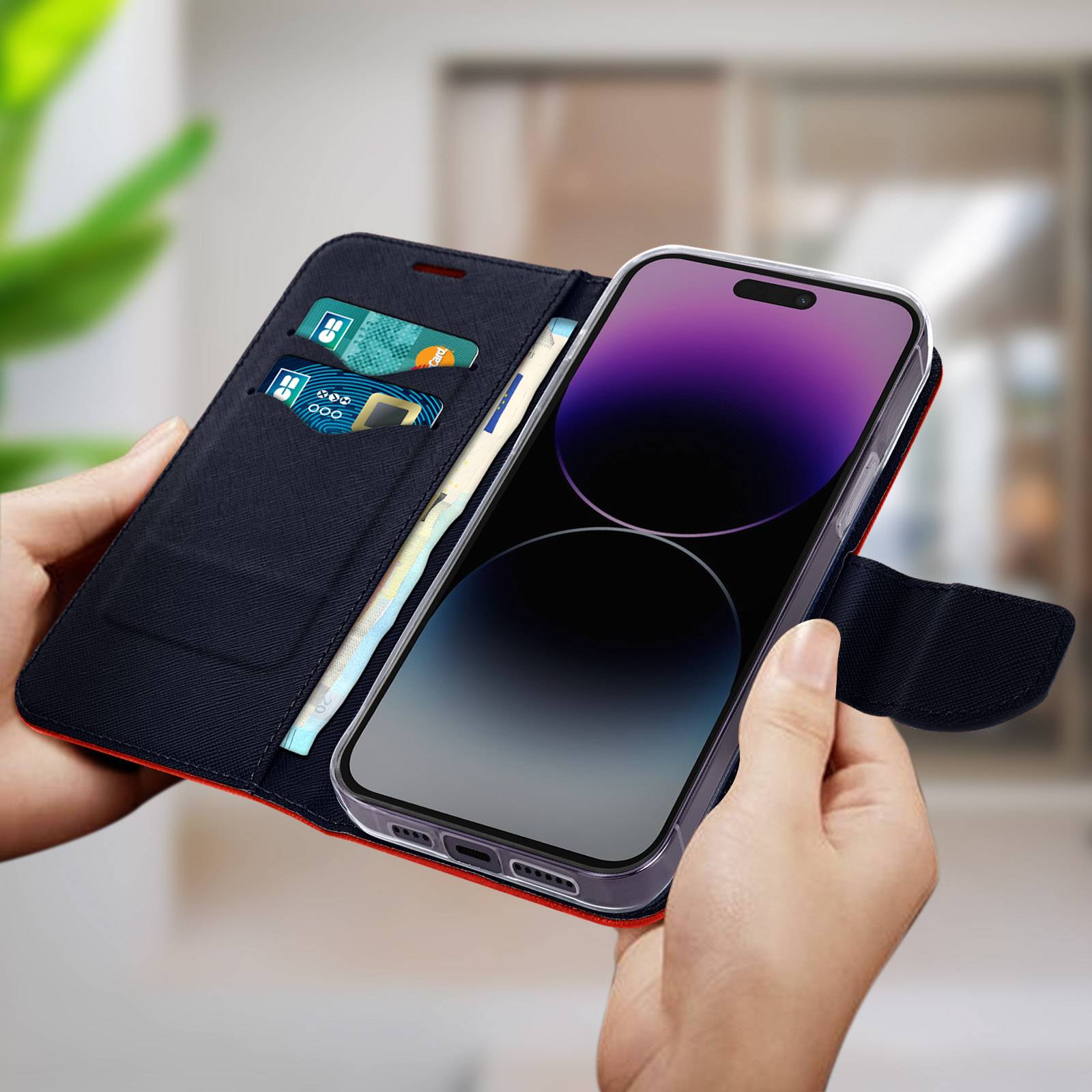 Étui pour iPhone 14 Pro Portefeuille Porte carte Support Vidéo et bleu-4