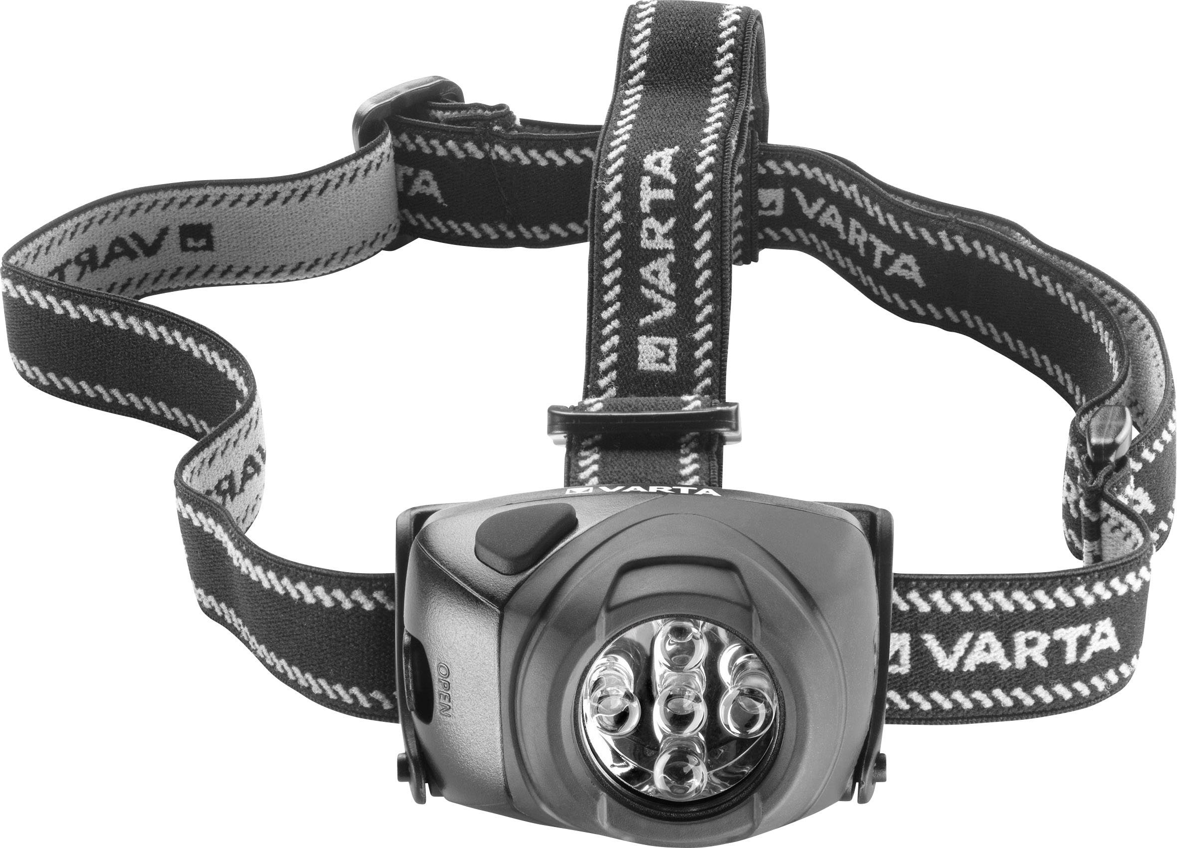 Lampe frontale noire avec plusieurs lumières LED et sangle réglable et marquée. Idéale pour les activités de plein air dans l'obscurité.