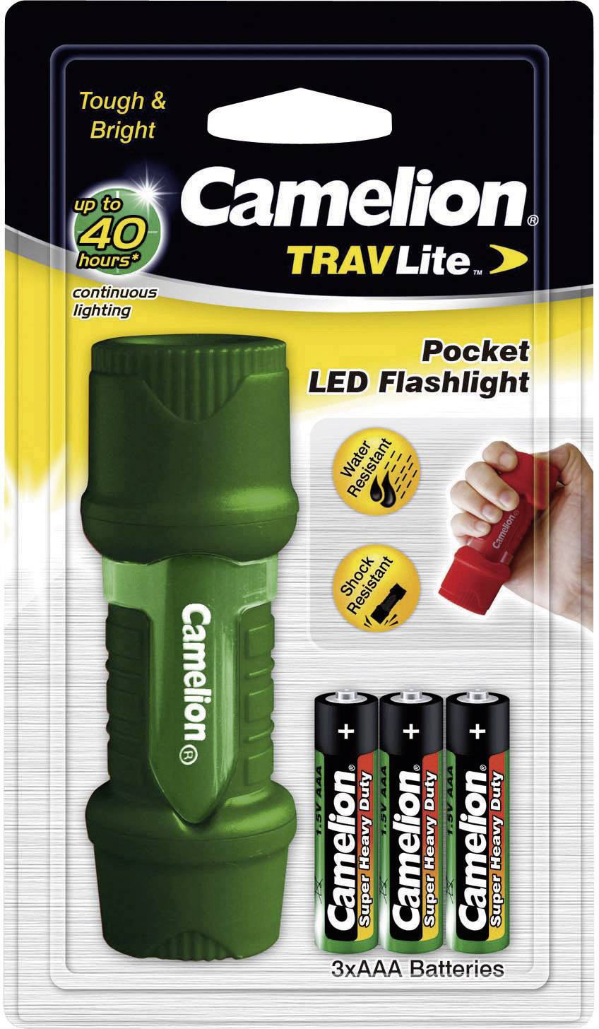 Lampe de poche LED verte avec le texte 'Camelion TRAVLite Pocket LED Flashlight'. Contient 3 piles AAA. Longue durée de fonctionnement jusqu'à 40 heures.