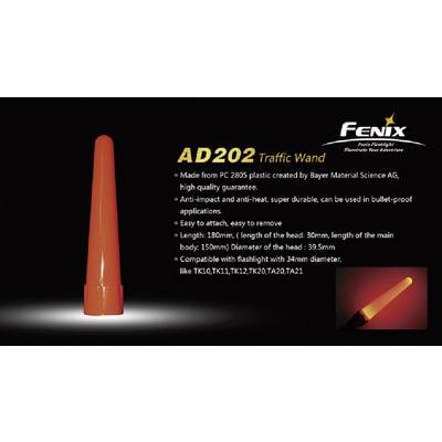 Bâton de signalisation orange Fenix 'AD202 Traffic Wand'. Longueur : 180 mm. En plastique PC 2805, résistant aux chocs et à la chaleur. Compatible avec les lampes de poche de 34 mm de diamètre.