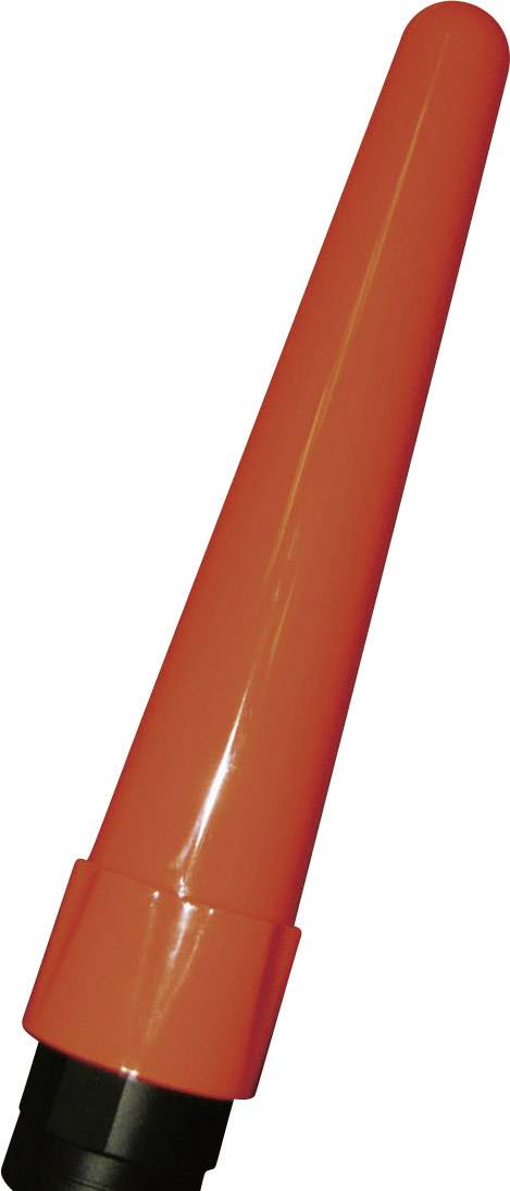 Cône rouge, bâton de signalisation conique avec base noire, typiquement utilisé à des fins de sécurité ou de circulation.