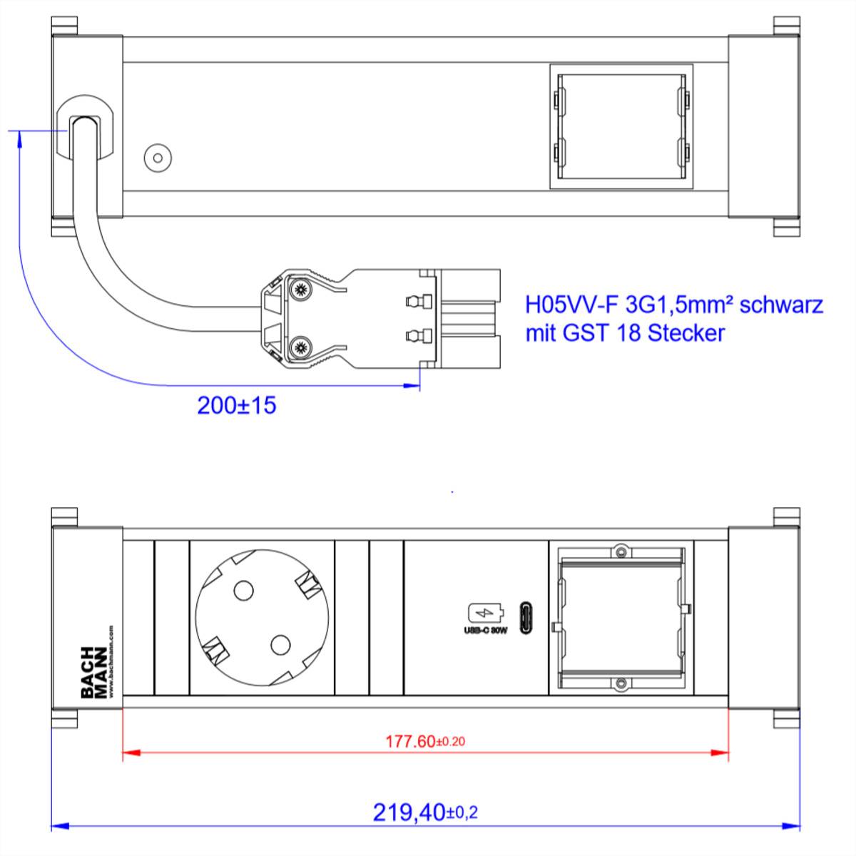BACHMANN POWER FRAME 1xCEE7/3, 1xUSB C 30W 1xCM 0,2m GST18-1