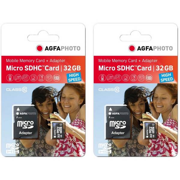AGFAPHOTO Pack de 2 Cartes Mémoire Micro SDHC - 2 x 10581 - Capacité 32GB + 32GB - Noir