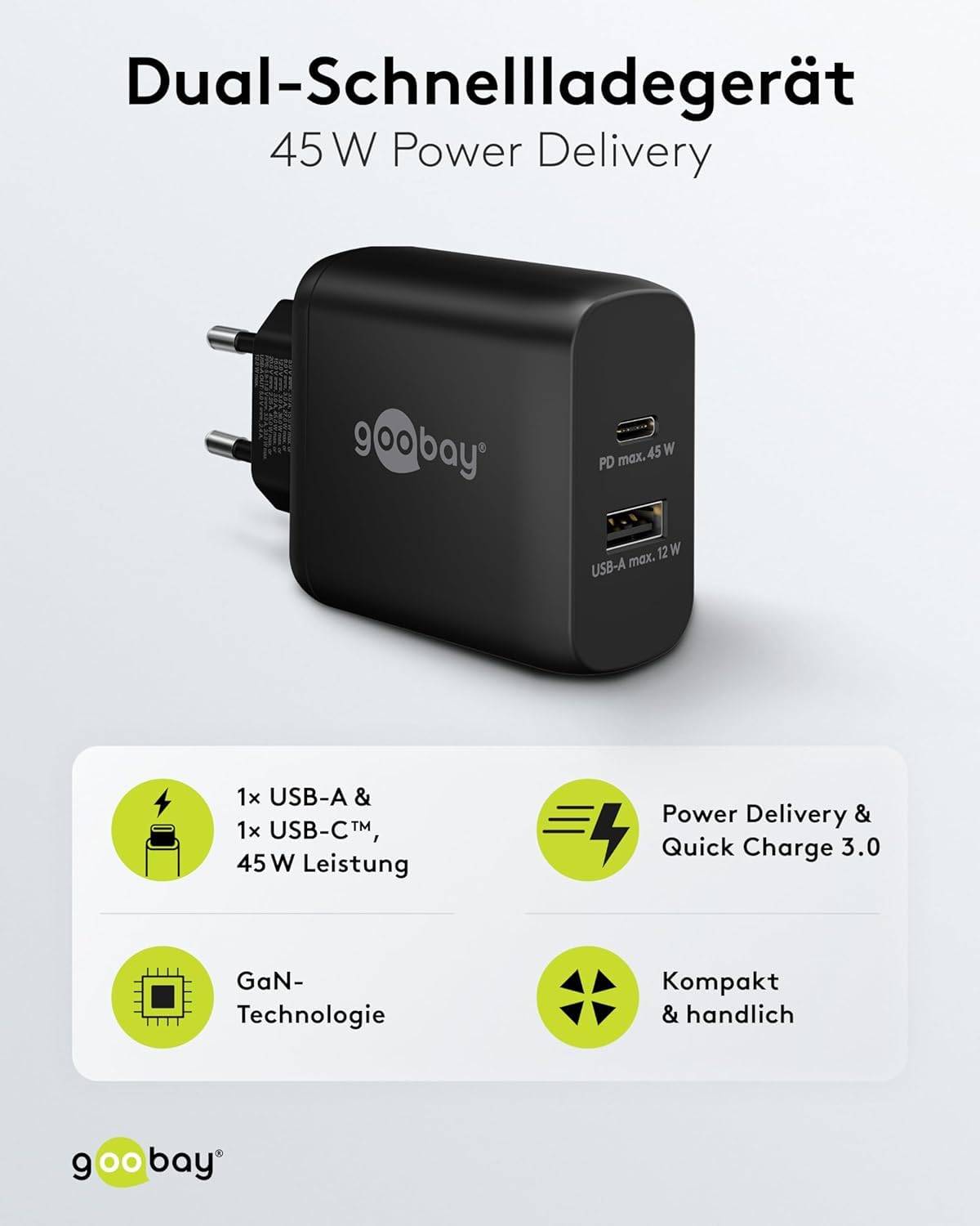 Goobay USB-C™ PD double chargeur rapide (45 W) noir - 1x port USB-C™ (Power Delivery) et 1x port USB-A - noir-2