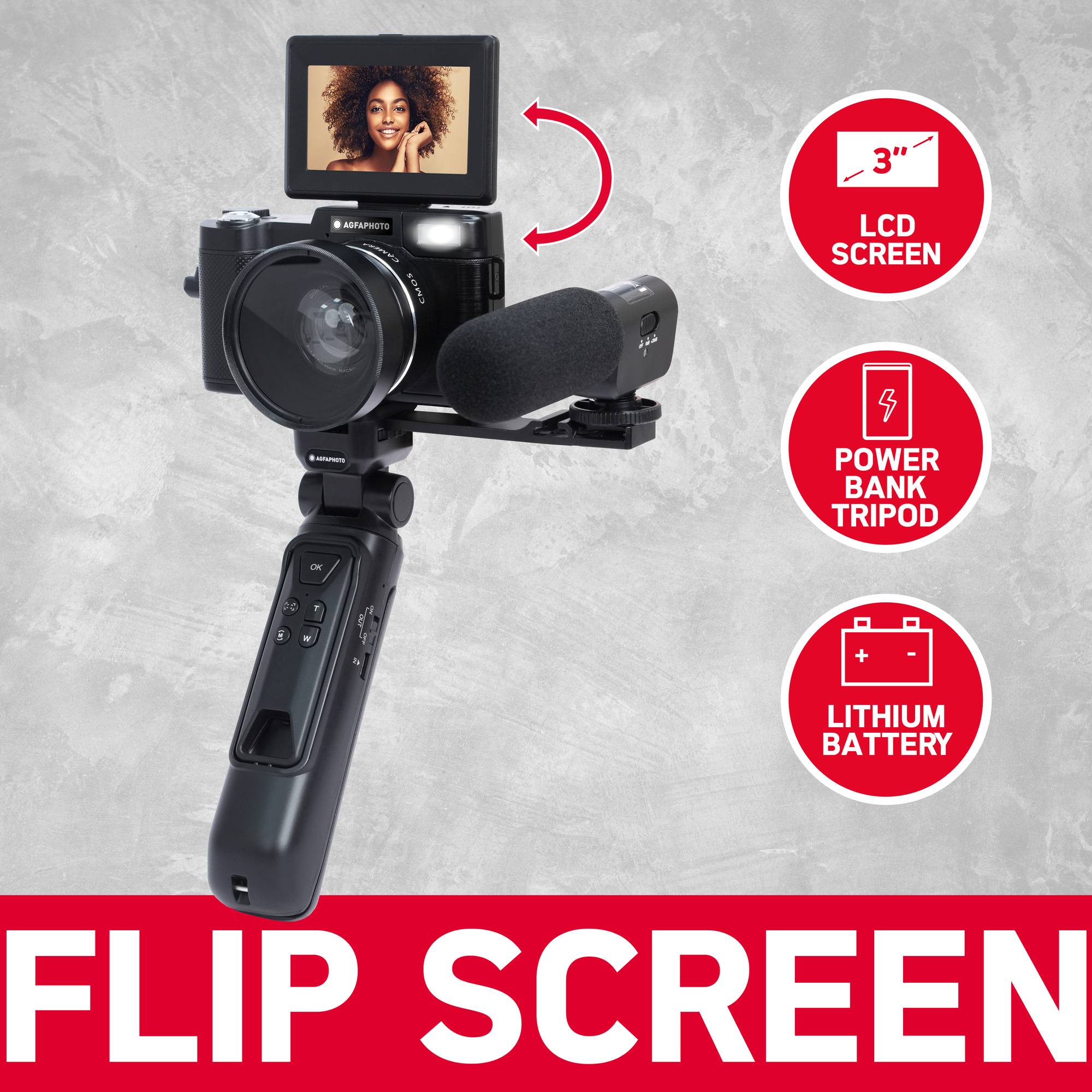 AGFAPHOTO Realishot VLG-4K Kit Vlogging - Caméra 24MP, Vidéo 4K, Ecran LCD 3'', Zoom Numérique 16X, Capteur CMOS, Batte-3