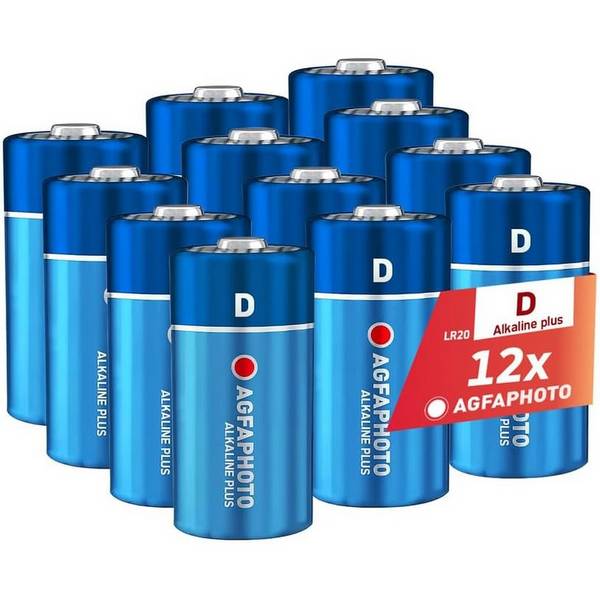AGFAPHOTO Piles Mono D LR20 Alcalines PLUS (1,5V, Lot de 12) – Longue Durée de Vie – Idéales pour Lampes, Radios, Jouet