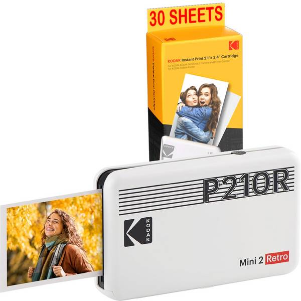 KODAK Pack Mini Imprimante P210 Retro 2 + Cartouche et papier pour 30 photos - Imprimante Connectée Bluetooth - Photos