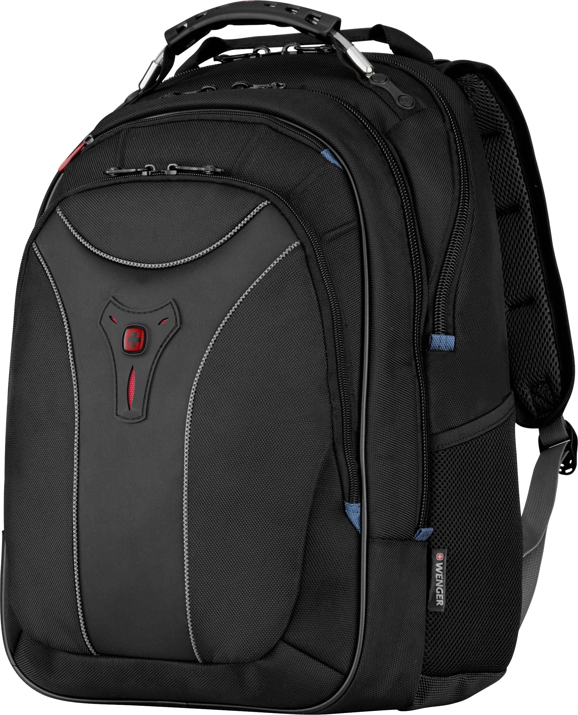 Sac à dos noir avec plusieurs compartiments, sangles réglables et une poignée de transport. Conçu pour les ordinateurs portables et les voyages.