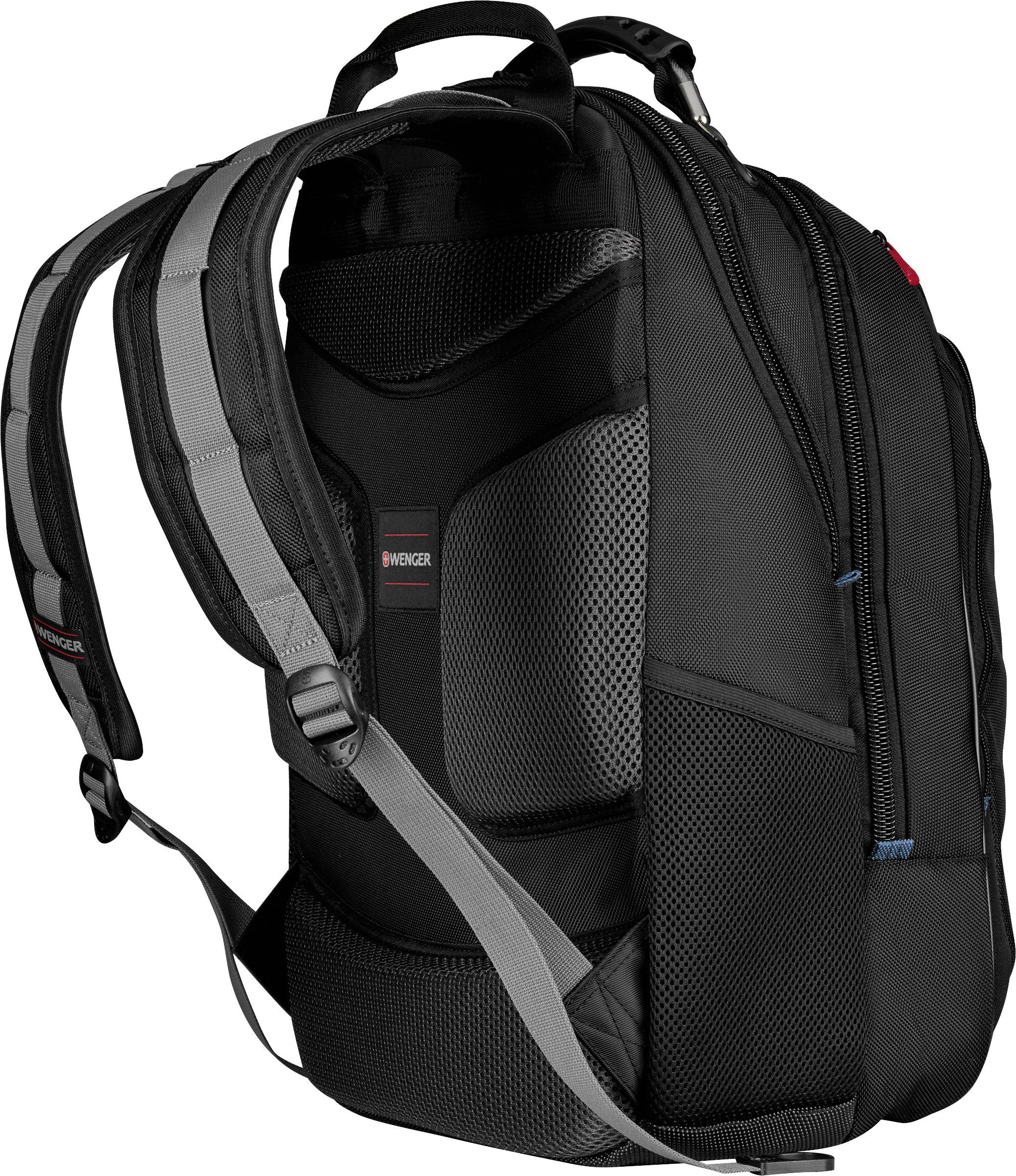 Un sac à dos noir avec des sangles réglables et plusieurs poches, adapté aux voyages ou à un usage quotidien.