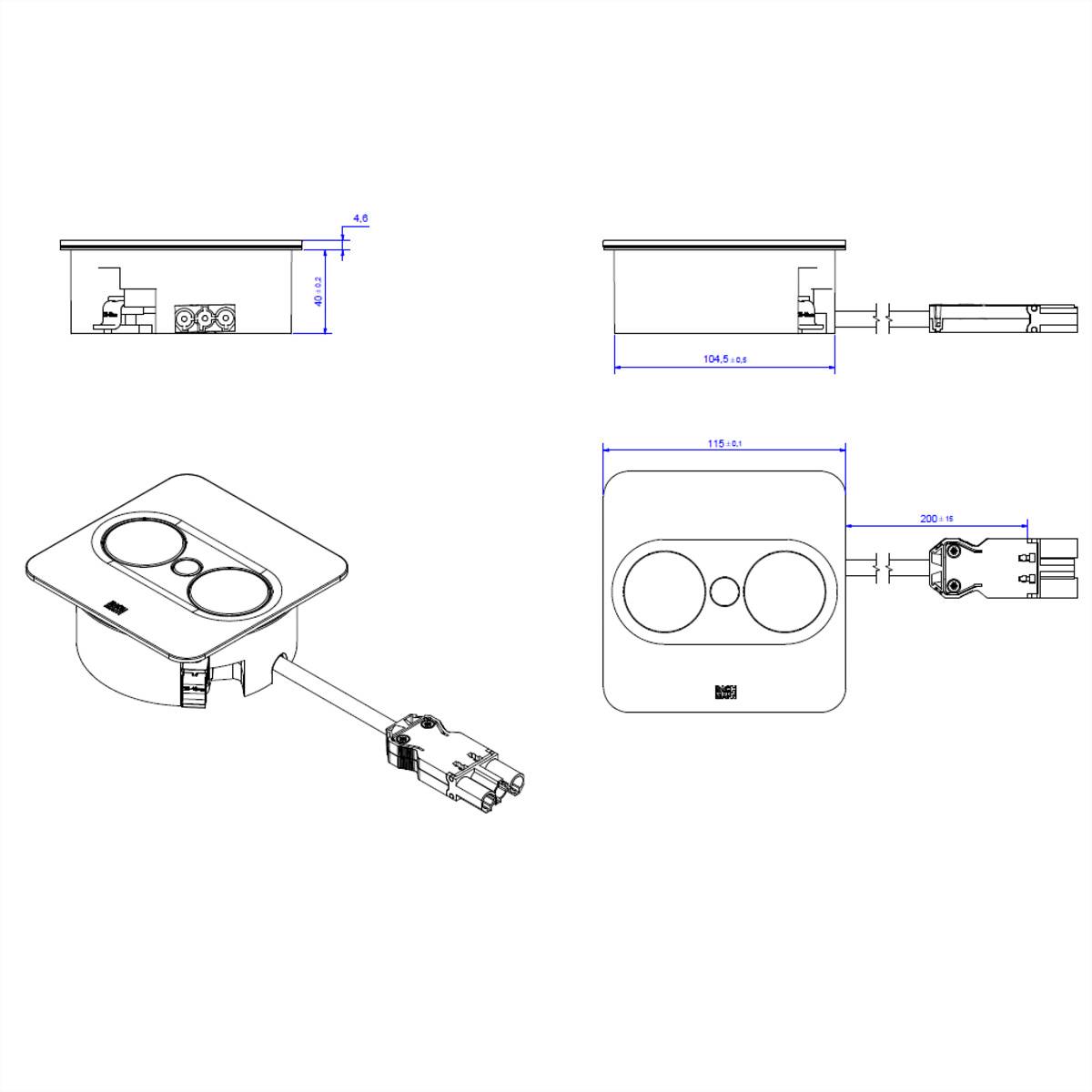 BACHMANN TWIST 2 1xUTE 1xUSB A/C 22W 0,2m GST18 argent carré, Mess.p.Ph. 5G4 CEE3x16A Lan Commutation p.D.-1