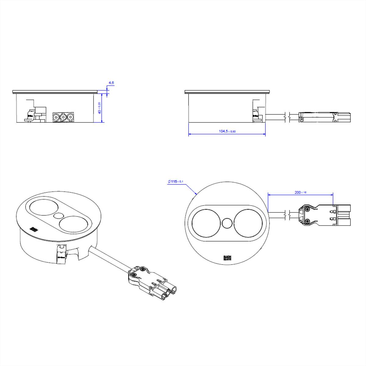 BACHMANN TWIST 2 1xUTE 1xUSB A/C 22W 0,2m GST18 argent rond, Mess.p.Ph. 5G2,5 CEE3x16A Lan Commutation p.D.-1