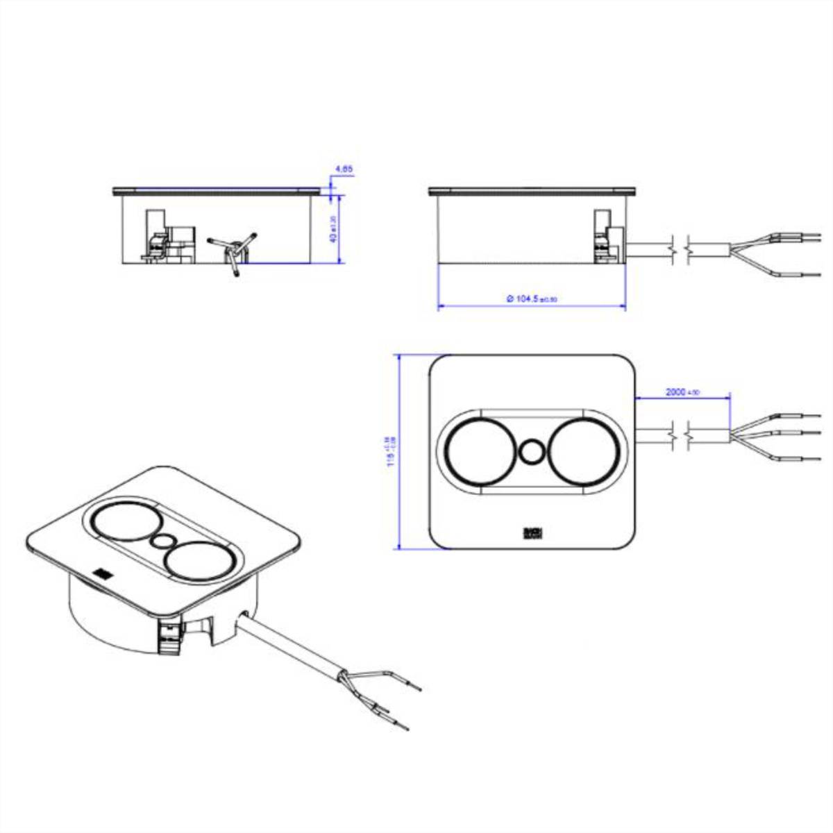 BACHMANN TWIST 2 1xUTE 1xUSB A/C 22W 2,0m AEH RAL9005 30GE carré, Mess.p.Ph. 5G4 CEE3x32A Lan Commutation p.D.-1