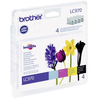 Un emballage de cartouches d'encre Brother LC970 en quatre couleurs : Noir, Magenta, Cyan et Jaune.