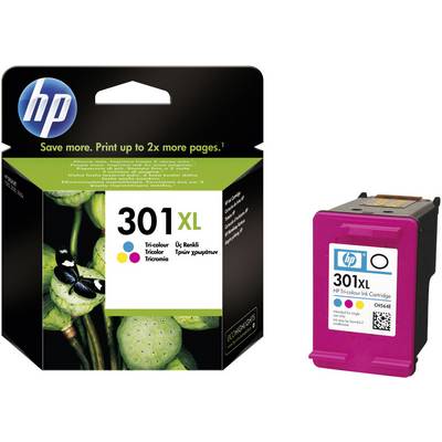 'Cartouche d'encre HP 301XL, Tricolore, dans son emballage. L'emballage présente une image de fleurs et le slogan : "Économisez plus. Imprimez jusqu'à 2 fois plus de pages."'