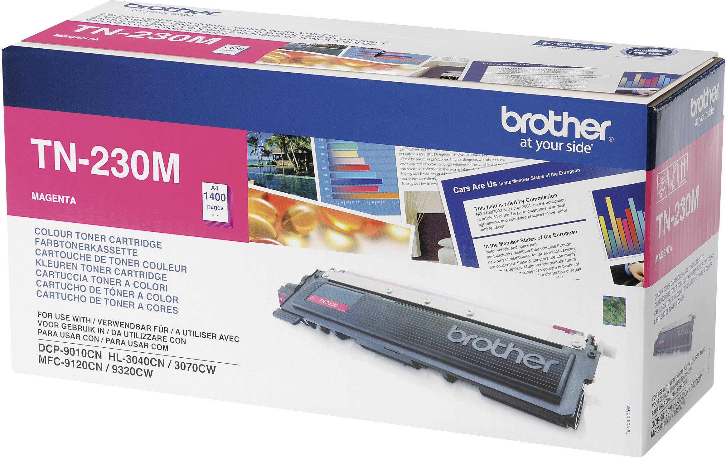 L'illustration montre une cartouche de toner magenta Brother TN-230M dans son emballage d'origine. Compatible avec les imprimantes DCP-9010CN, HL-3040CN.