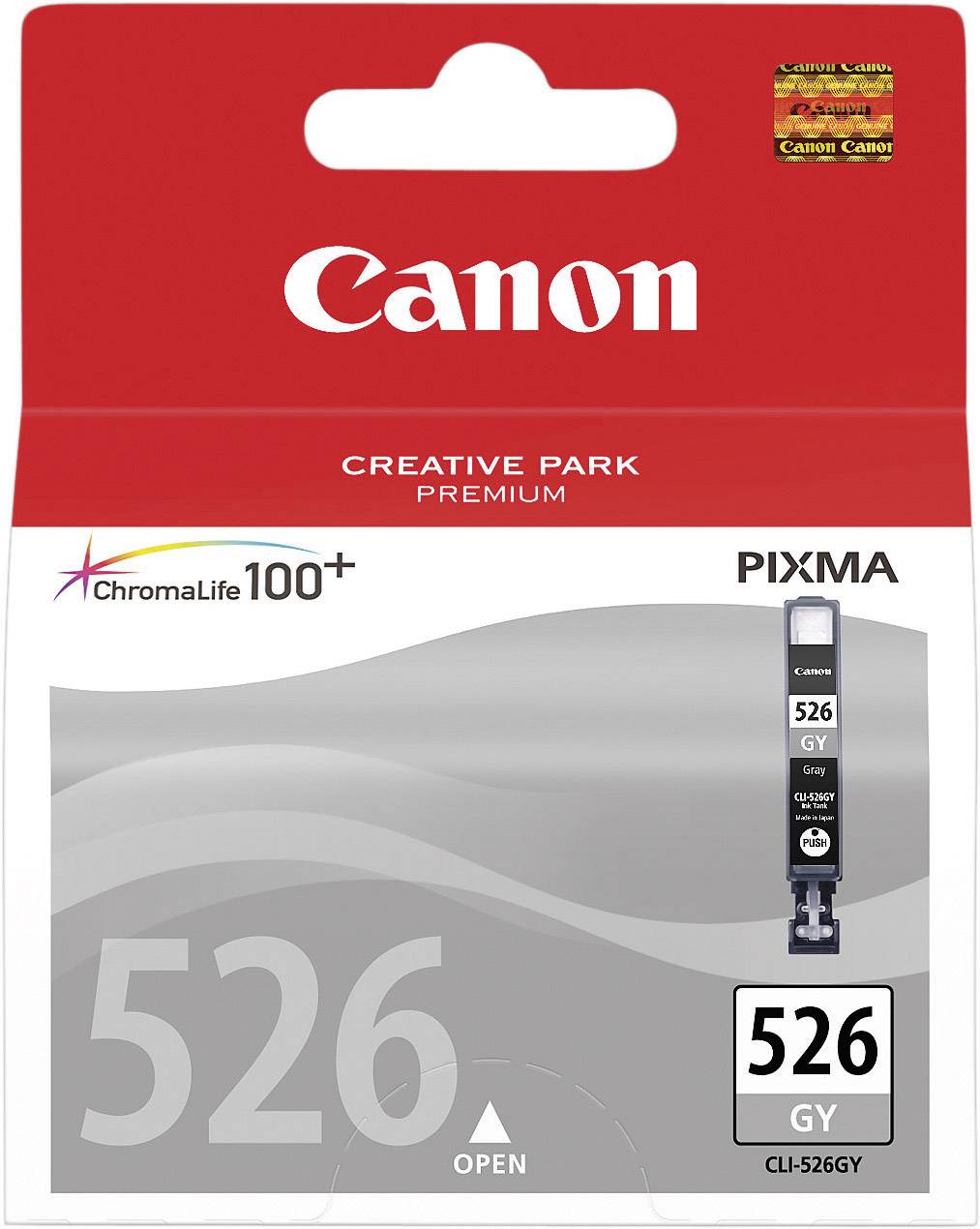 Cartouche d'encre Canon PIXMA 526 GY. Emballage rouge et gris, ChromaLife100+, compatible avec les imprimantes PIXMA.