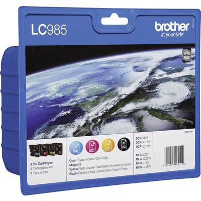 Cartouche d'encre Brother, modèle LC985, compatible avec différents modèles d'imprimantes. Représentation de la Terre sur l'emballage.