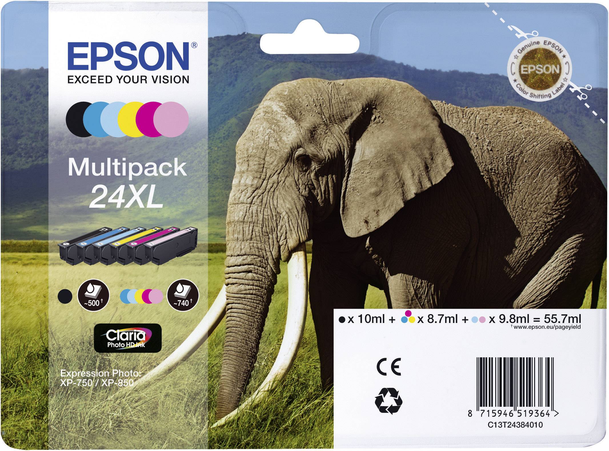 Epson Encre T2438, 24XL d'origine pack bundle noir, cyan, magenta, jaune, cyan photo, magenta photo C13T24384011