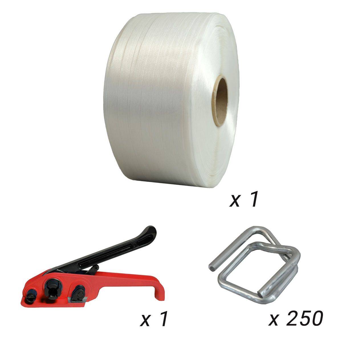 Kit 1 Feuillard fil à fil 16 mm x 850 m + 250 boucles + tendeur - TECPLAST KFF1-1