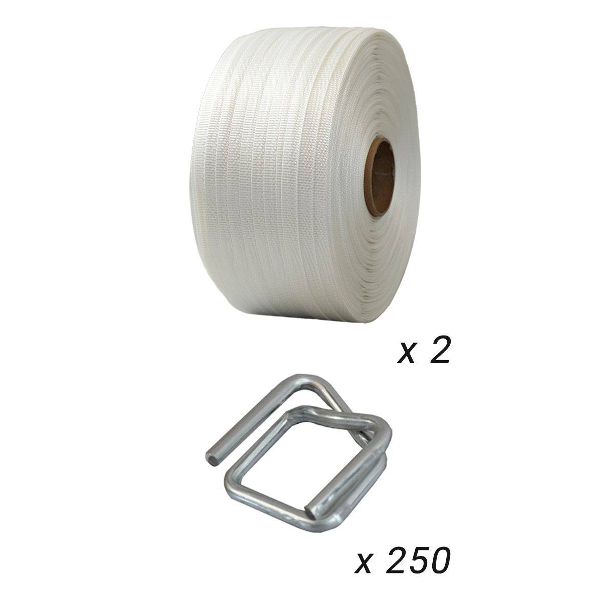 Pack 2 Feuillards tressés 13 mm x 1100 m + 250 Boucles OFFERTES - TECPLAST PFT2-2