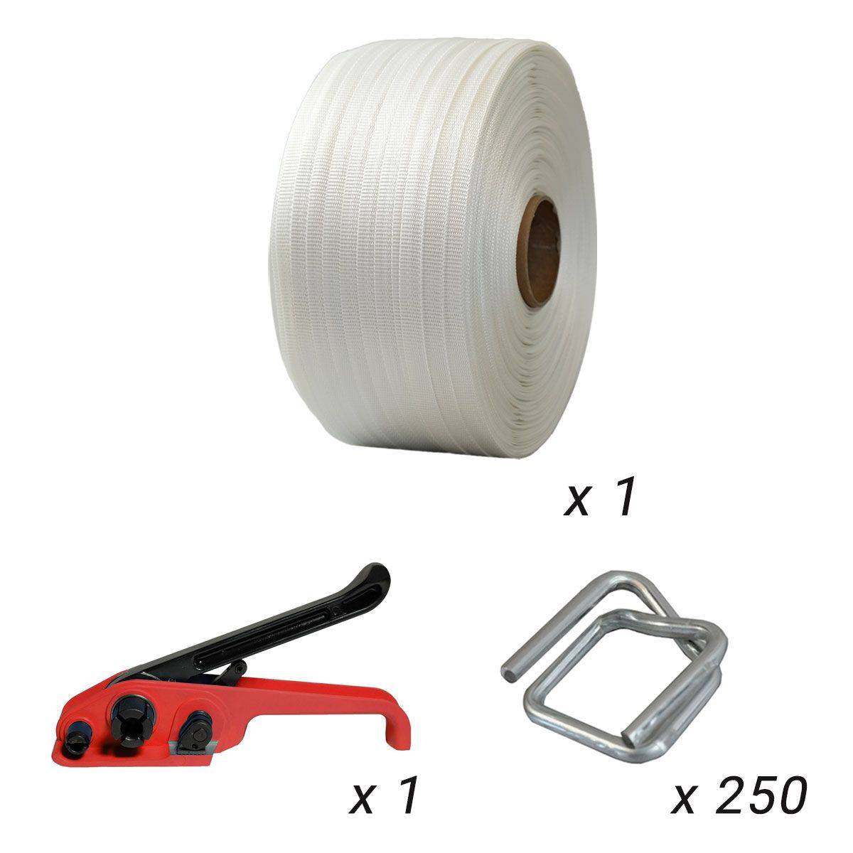 Kit 1 Feuillard tressé 13 mm x 1100 m + 250 boucles + tendeur - TECPLAST KFT1-3