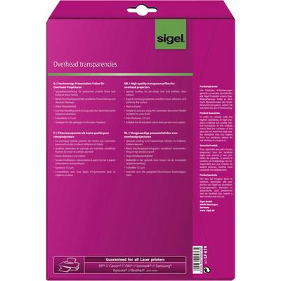 Emballage pour transparents pour rétroprojecteur de Sigel, compatible avec toutes les imprimantes laser. Contient des informations produit multilingues et des logos de marque.