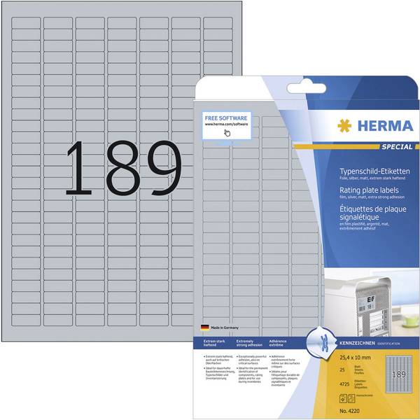Herma 4220 Etiquette plaques signalétiques 25 x 10 mm film de polyester argent 4725 pc(s) fixation permanente  imprimante laser, photocopieuse, inscription à main