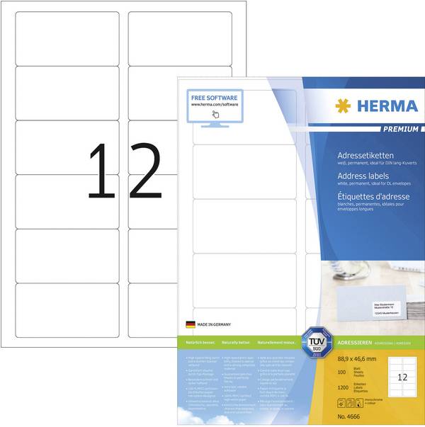 Herma 4666 Etiquette pour adresse 88.9 x 46.6 mm papier blanc 1200 pc(s) fixation permanente  imprimante à jet d'encre, imprimante laser, imprimante laser couleur, photocopieuse, photocopieuse couleur, inscription à main