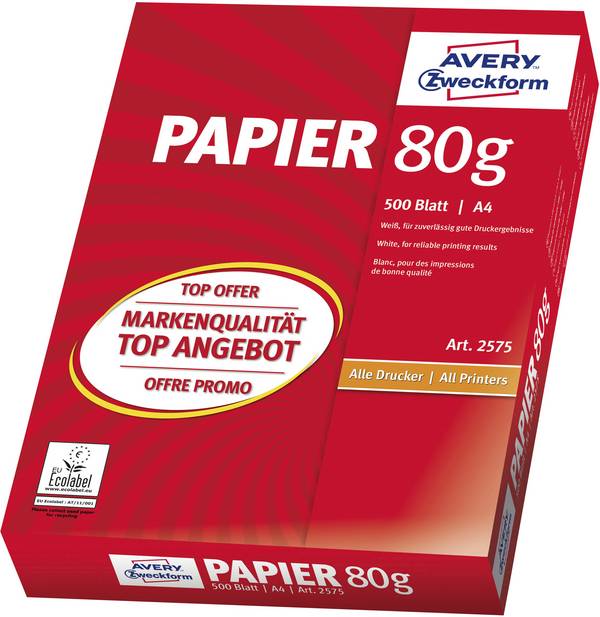Avery-Zweckform PAPER Inkjet + Laser + Copier 2575   Papier d'impression universel DIN A4 80 g/m² 500 feuille(s) blanc