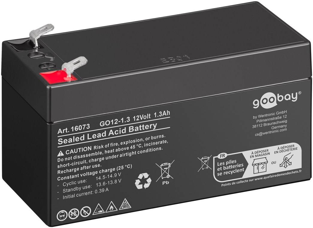 Goobay GO12-1.3 (1300 mAh, 12 V) - Batterie au plomb Faston (4,8 mm), BattG