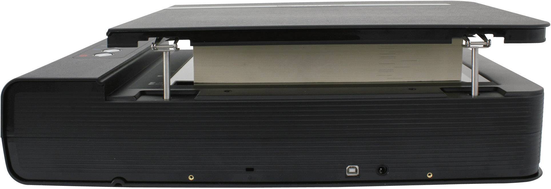 Un scanner à plat ouvert avec le couvercle relevé, prêt à numériser des documents ou des images.