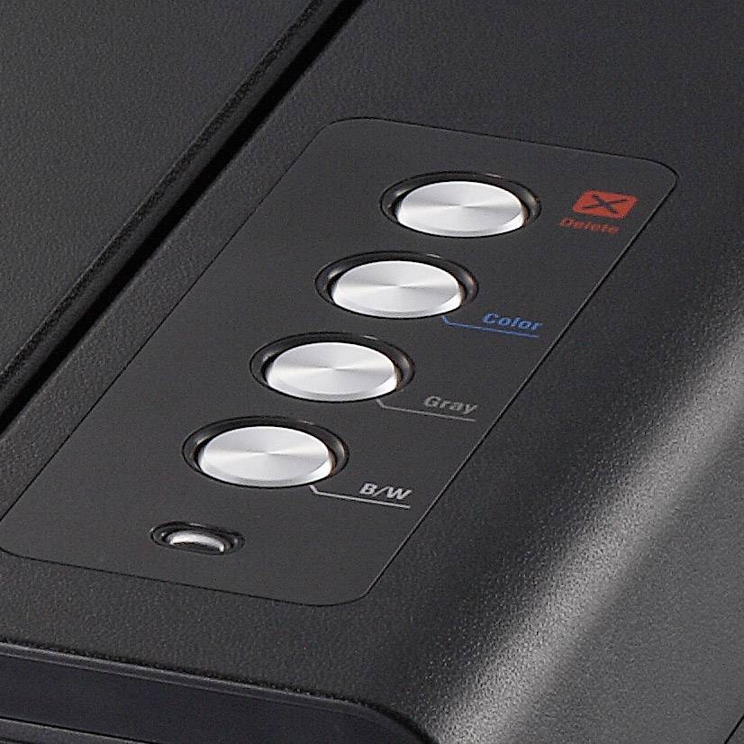 Gros plan sur un panneau de commande d'imprimante avec quatre touches rondes : « Couleur », « Gris », « N&B » et une touche rouge « Supprimer ».