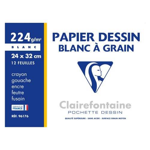 Pochette 12 feuilles papier dessin blanc A4+ Clairefontaine à grain 224 g-0