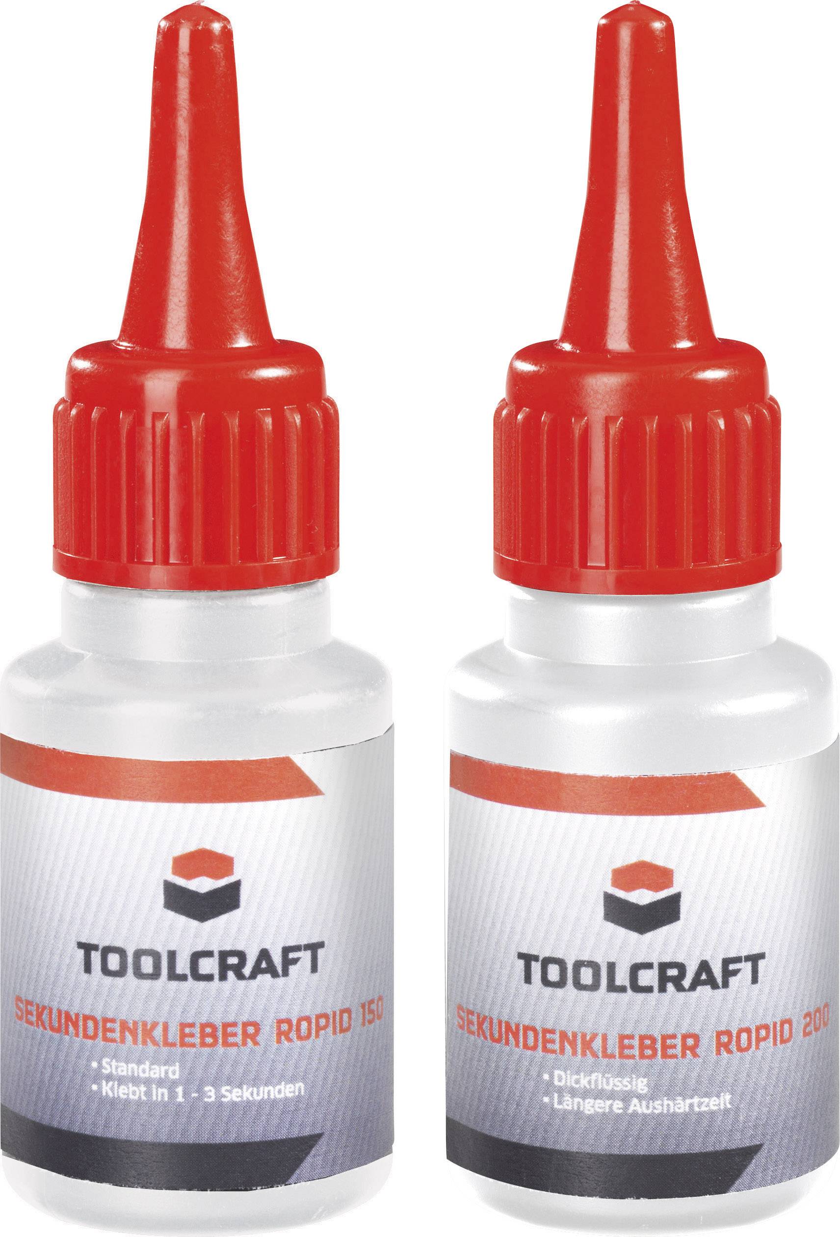 Deux bouteilles avec bouchon rouge, sur lesquelles est inscrit 'Toolcraft Colle instantanée Ropid'. Type de colle : Standard et visqueux.