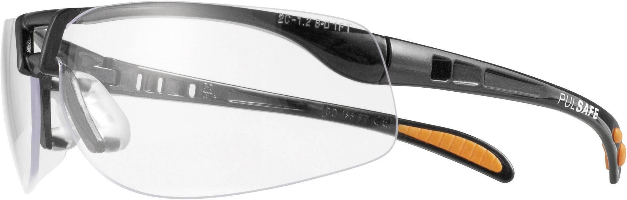 Lunettes de protection avec des verres transparents et incurvés et monture noire. Détails orange aux extrémités des branches.