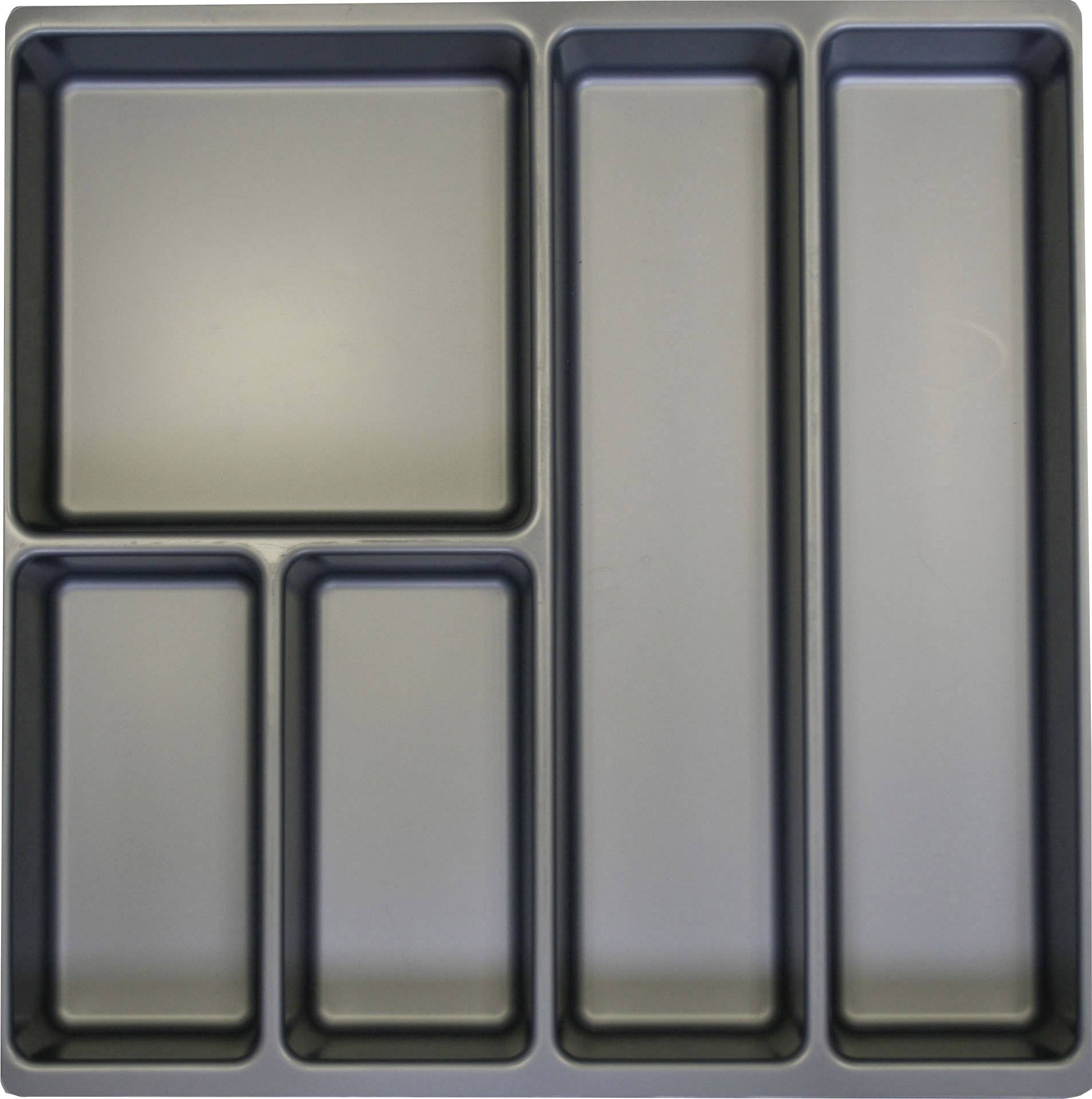 Compartiment gris pour couverts avec cinq espaces : deux grands compartiments rectangulaires en haut, deux compartiments rectangulaires plus petits en bas et une zone étroite et allongée sur la droite.