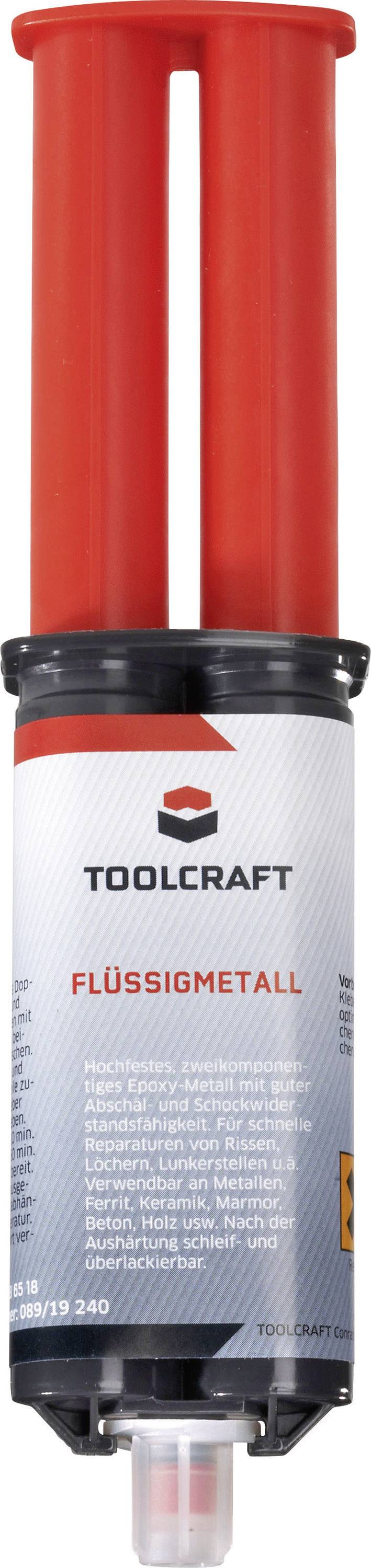 Seringue avec un piston rouge, portant l'inscription « TOOLCRAFT Métal liquide ». Contient de la colle pour réparations et modélisme.